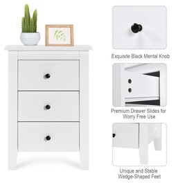 Giantex Nightstand with 3 Drawers, Wooden Side Table w/Solid Wood Legs & Storage Cabinet, Bedside Accent Sofa Table for Bedroom Small Space, White