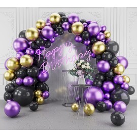 Metallic Purple Black Balloons Garland Arch Kit-123Pcs for Baby Shower, Birthday, Graduation, Engagement, Anniversary with Black & Gold Accents