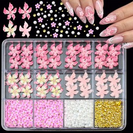 VOTACOS 300+PCS 3D Flower Nail Charms, Nail Gems White Flatback Nails Pearls Rhinestones Charms for Nails Art Design Decorations (Pink)