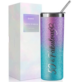 Onebttl 50th Birthday Gifts for Women, Female, Her - 50 and Fabulous - 20oz/590ml Stainless Steel Insulated Glitter Tumbler with Straw, Lid, Message Card - (Purple-Blue Gradient)