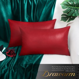 BRAWARM Faux Leather Throw Pillow Covers 12 X 20 Inches - Christmas Red Leather Lumbar Pilow Covers Pack of 2, Solid Dyed Leather Pillowcases for Couch Bed Sofa Garden Home Decorative