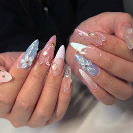 FOLONRAL French Tip Press on Nails Almond Fake Nails with 3D Butterfly Flower Pearls Charms Designs Cute Acrylic Nails Glossy Glue on Nails Summer False Nails Nude Artificial Stick on Nails for Women 24Pcs