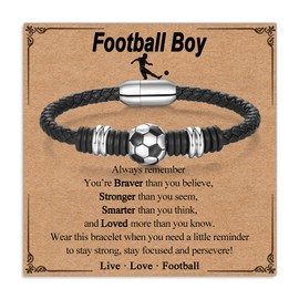 Twutqel Football Leather Bracelet for Boys, Black Braided Rope Wrists Bracelet with Stainless Steel Football Charm, Football Jewellery Gifts for Son Grandson Friends Team (Football Boy)
