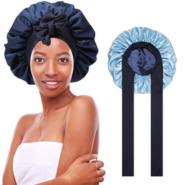 AWAYTR Satin Bonnet Silk Like Bonnets for Sleeping Sleep Cap Double Layer Haircare Bonnet with Elastic Tie Band for Curly Hair Night Cap Pink:_Navy blue