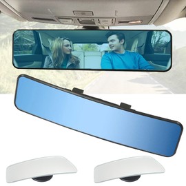 Rear View Mirror, Universal 11.4 Inch Interior Clip On Rearview Mirror, Anti Glare Rearview Mirror, Wide Angle Mirror - Convex - Blue Tint (Bonus 2 PCS Long Blind Spot Mirrors)