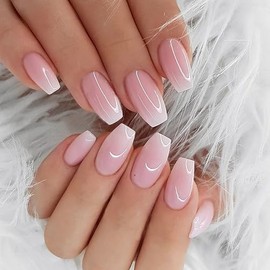 JUSTOTRY 24 Pcs Peach Pink Ballerina Medium Press on Nails,Solid Fake Nails Pattern,Glossy False Nails Long for Nails Art,French Coffin Stick on Nails for Women and Teens Gifts