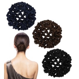 PENTA ANGEL Hair Bun Covers 3Pcs Elastic Crochet Knit Invisible Hair Nets Snood Hair Accessory for Women Girls Dance Ballet Skating (Black, Navy Blue, Coffee, 8cm)