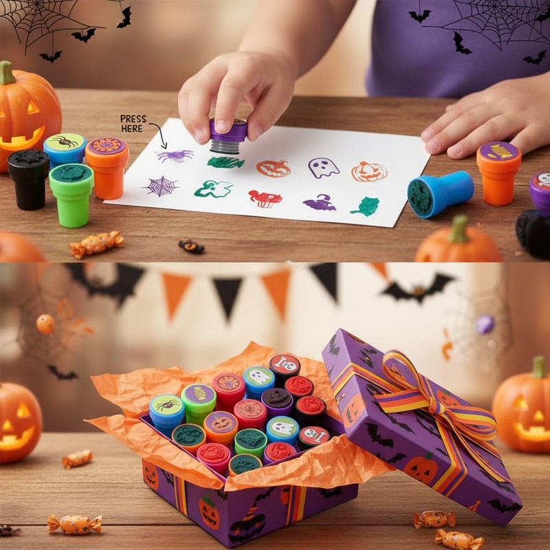 12 Pack Halloween Stamps for Kids, Non-Toxic Cartoon Stamp Set
