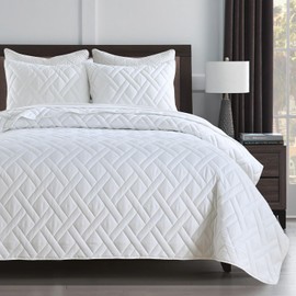 HORIMOTE HOME Quilt Set Queen Size White, Classic Geometric Diamond Stitched Pattern, Ultra Soft Microfiber Lightweight Bedding Set Bedspread Coverlet for All Season (1 Quilt and 2 Pillow Shams)
