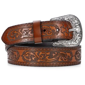 TRIWORKS Western Leather Belt for Women Men Cowgirl Cowboy Floral Engraved Tooled Leather Belt with for Jeans