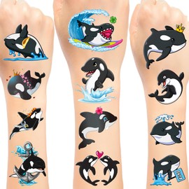 144 PCS Orca Whale Temporary Tattoos Stickers, Orca Killer Whale Party Favors Under The Sea Ocean Animal Orca Birthday Decorations Supplies for Classroom Rewards, 24 Sheets