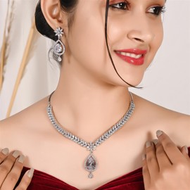 Ratnavali Jewels Women's Gold Tone Cubic Zirconia Pendant Necklace Earrings Set for Brides and Weddings RV2916, Metal, Cubic Zirconia