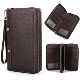 Contacts Mens RFID Clutch Handbag Full Grain Leather Zipper Passport Wallet Business Large Carry-All Organiser Checkbook Clutch Phone Holder (Coffee-MC1027)