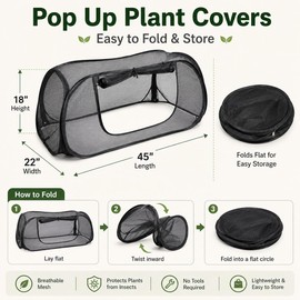 2PCS Pop Up Mesh Plant Covers for Raised Beds, Foldable Garden Bed Shade Cover（45 x 22 x 18 in）- 50% Sunblock Mesh Cover with Zipper Door & 16 Stakes for Vegetables Seedlings Herbs（Black）