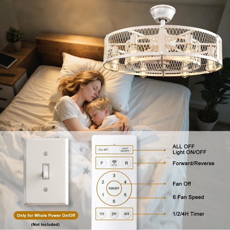 Depuley Cage Ceiling Fan with Light: Rustic White Caged Ceiling