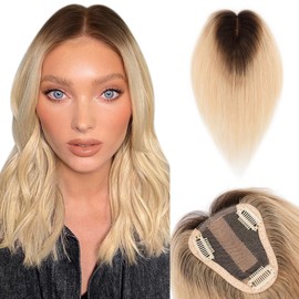 Benehair Hair Toppers for Women Real Human Hair 100% Remy Human Hair Pieces for Women with Thinning Hair 8 * 10cm Lace Silk Base 12 Inch 35g Clip in Hair Extension Ombre Light Blonde