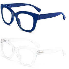 REAVEE 2 Pack Retro Oversized Reading Glasses for Women Men, Blue Light Blocking Computer Readers Stylish Spring hinge (Blue/Clear 1.0x)