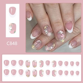 Summer Press on Nails Short Fake Nails Oval False Nails Full Cover White French Tip Press ones Stick on Nails with Flower designs Acrylic Nails Glitter Glue on Nails for Women Girls 24pcs