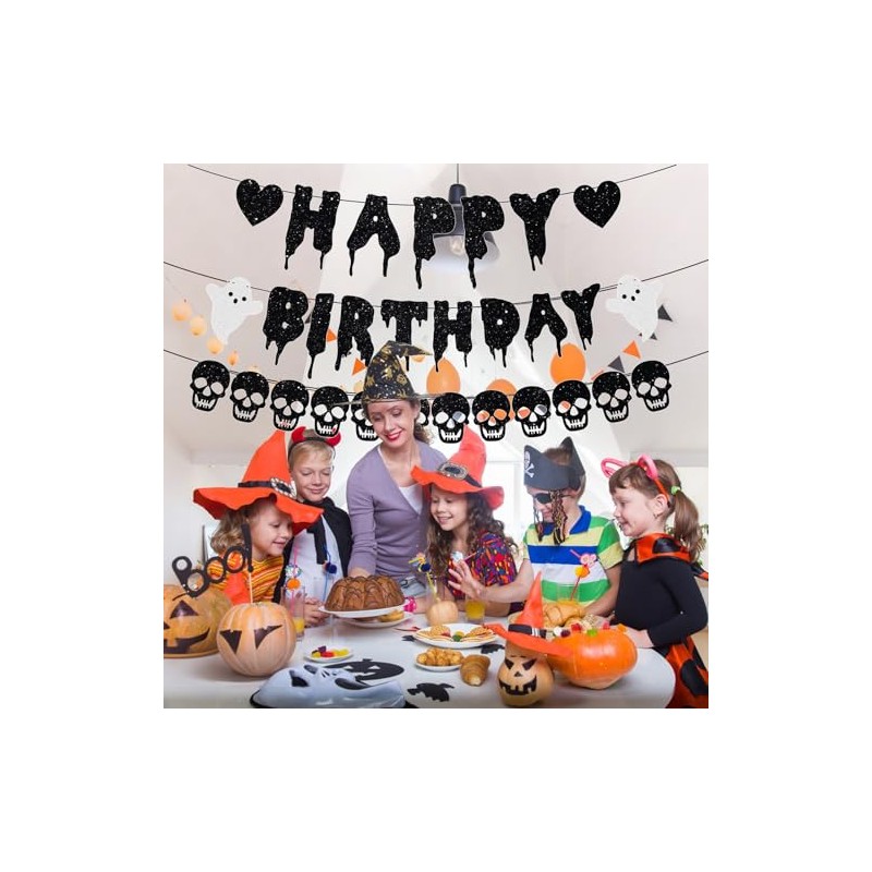 HNGWLYN - Bandera gótica de cumpleaños con purpurina negra