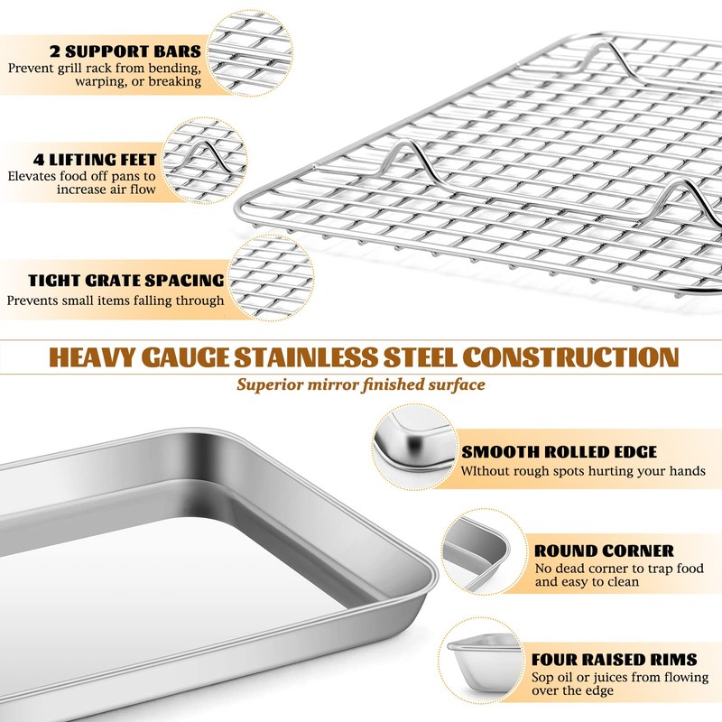 Stainless Steel Baking Sheet with Rack Set, E-far 12.4”x9.7” Cookie