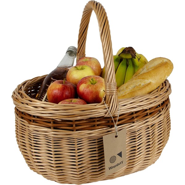 Wicker Shopping Basket with Handle - Willow Oval Deluxe Shopper Basket - Traditional French Market Basket Designed for Strolls to Farmers Markets and Farm Shops