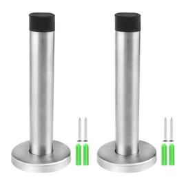 JaneYi Pack of 2 Stainless Steel Door Stops, Diameter 49 x 120 mm, Heavy Duty Wall Mounted Skirting Board, Door Stopper with Sound Absorption, Rubber Buffer - Extends T Bumper Protect Door Handle