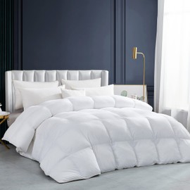 Luxurious Heavy Weight Winter Weather, Palatial King Size 120 x 98 inches, Goose Feathers Down Comforter, 100% Egyptian Cotton Cover, 85 oz. Fill Weight, White Solid Comforter