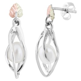 White Freshwater Cultured Pearl Caged Earrings, Sterling Silver, 12k Green and Rose Black Hills Gold (5.5-6.0mm)