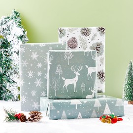 Dtiafu Green Christmas Wrapping Paper 4 Watercolor Holiday Style Gift Wrap Paper Bulk Reindeer Tree and Snowflake for Xmas Birthday, 20 X 28 Inches, Folded Flat (8 Sheet)