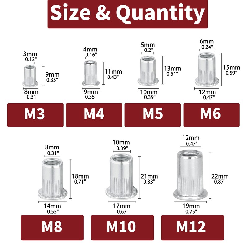 100 Pieces Aluminum Rivet Nuts kit, M3 M4 M5 M6