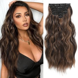 Clip in Hair Extensions for Women, 6PCS Long Wavy Curly Clip on Hair Extensions 16 Inch Dark Roasted Coffee Mixed With Caramel Brown Synthetic Thick Hairpieces