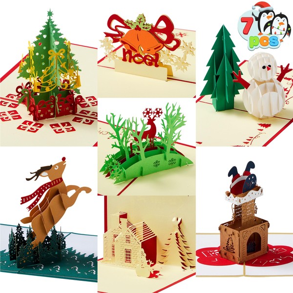 JOYIN Pack of 7 Pop-up 3D Christmas Greeting Cards Unique Designs & Envelopes 6" x 6" for Winter Christmas Season, Holiday Gift Cards, Christmas Gifts Cards.