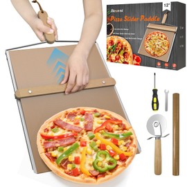 Sliding Pizza Peel, large Pizza Peel Metal Sliding Tray 16" X 13" Making 12 Inch, 304 Stainless Steel Metal Premium Pizza Board with Solid Wood Handle, and Pizza Cutter Wheel (Version 2)