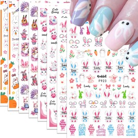 Easter Nail Art Stickers 8 Sheets Spring 3D Self-Adhesive Nail Decals Cute Bunny Flower Designs Nail Decorations Pink Bow Rabbit Hedgehog DIY Nail Supplies Easter Nail Accessories for Women Kids