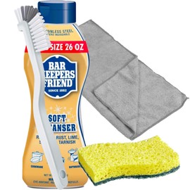 GoodDealsHouse Cleaning Set: Bar Keeper`s Friends Soft Cleanser, 26 Oz + Kitchen Scrub Brush + Heavy-Duty Scrub Sponge + Microfiber Cleaning Towel, 12x16 inch