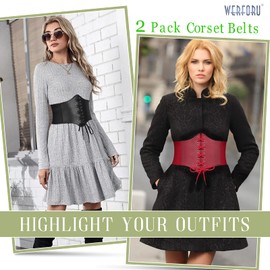 WERFORU 2 Pack Women Elastic Corset Belts Retro Wide Stretchy Tied Waspie Costume Waist Belt