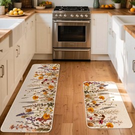 Moutina Fall Floral Kitchen Rugs Set of 2, Seasonal Autumn Thanksgiving Holiday Home Decor Low-Profile Kitchen Mats for Floor - 17x29 and 17x47 Inch