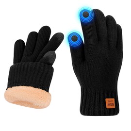 Women's Winter Warm Thermal Touch Screen Gloves Women Soft Cable Knit Wool Fleece Lined Glove for Cold Weather (Black, One Size)