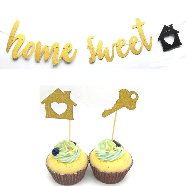 HEMARTY Home Sweet Home Gold Glitter Sign Banner 24 Gold Glitter House Cupcake Toppers for Housewarming Military Family Party Decorations (Gold)