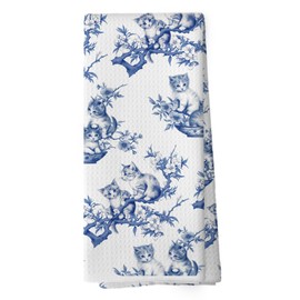 shiviody Chinoiserie Cat Kitchen Towels - Cat Mom Lovers Gifts Dish Towels, Blue and White Grandmillennial Kitten Decorative Absorbent Dishcloths Hand Towel for Kitchen Bathroom Decor 16x24 Inches