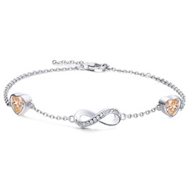 Qings Citrine November Birthstone Bracelet for Women 925 Sterling Silver Infinity Love Bracelets with 2 Topaz Heart Cubic Zirconia Charms Christmas Birthday Birthstone Jewellery Gift for Daughter