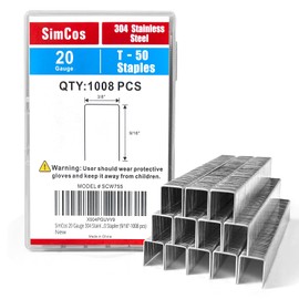 SimCos 20 Gauge 304 Stainless Steel T/50 Staples - 3/8" Crown Upholstery Staples, 9/16" Leg Length, 1008-Counts, Compatible with Staple Gun & T-50 Stapler