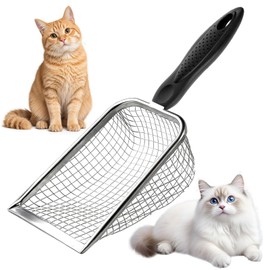 Apidgrowth Cat Litter Scoop - Long Handle Scooper, Rustproof Stainless Steel Mesh, Non-Slip Grip, Deep Shovel Sifter for All Litter Types, Easy Clean Kitty Waste Litter for Litter Box(Black)