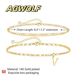AGWOLF Initial Letter Ankle Bracelets Set for Women 14K Gold Plated Layered Waterproof Anklets Figaro Chain Rhinestone Dainty Anklet Set Adjustable Size Summer Beach Jewelry for Women