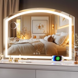 Hasipu Arch Vanity Mirror with Light, 38" x 26" Arched Led Makeup Mirror with 10X Magnification, Lighted Makeup Mirror Desktop with USB Charging Port, Dimmable 3 Colors Mode