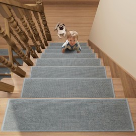 Stair Treads Carpet 15 pcs for Wooden Steps with Non Slip Rubber Backing, 100% Polyester Soft Stairs Resistant Indoor Skid Runner Safety Rugs for Kids Elders and Pets 30" * 8" (Gray-Dense Knitting)