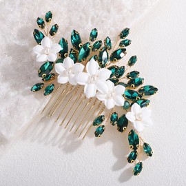 Teyglen Floral White Flower Hair Comb with Rhinestone Wedding Hair Piece Flower Bridal Hair Comb Wedding Hair Accessories for Women Bridesmaid Headpiece (Gold-peacock green)