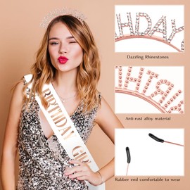 Birthday Crowns,White Birthday Sash,Rose Gold Tiara Crown,Tiaras for Women,Birthday Girl Crown,Birthday Girl Sash,Birthday Girl Headband,Birthday Crown for Girls Birthday Decorations Accessories