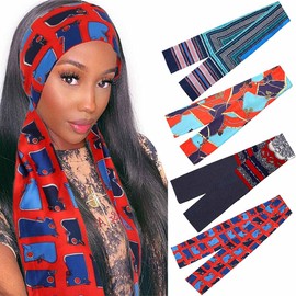 IYOU Vintage Edge Laying Scarf Blue Checkered Wigs Silk Headband Scarf Yoga Sport Satin Wig Grip Head Scarf for Women and Girls（4Pcs）