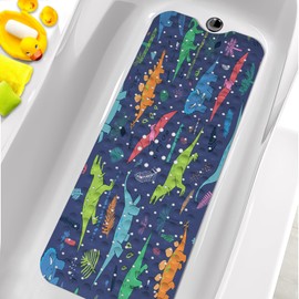 KINUUIS Bathtub Mats for Kids, Cartoon Blue Dinosaur Bath Mat for Tub Non Slip, 40 X 16 Inch Large Washable Bathtub Mat Non Slip for Showers with Drain Holes and Suction Cups